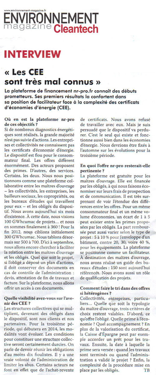 Environnement magazine Cleantech (juillet 2012)